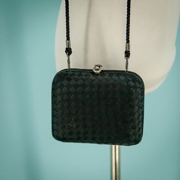 Whiting Davis Black Woven Satin Hard Lock Crossbody Shoulder Bag Purse Clutch - Picture 2 of 8